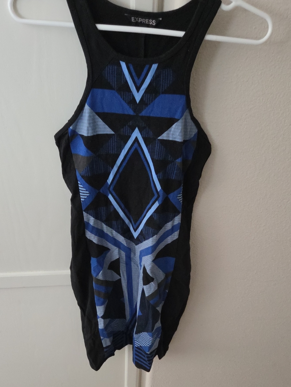 Express Geometric Blue and Black Sleeveless Mini Dress